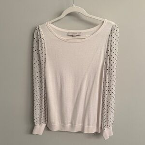 LOFT Cream Knit Top with Sheer Black Polka Dot Sleeves